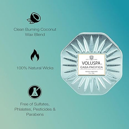 Voluspa Casa Pacifica, 3 Wick Tin Candle, 12 Ounces, 40 Hour Burn Time, Coconut Wax for Clean Burning, Handcrafted in The USA