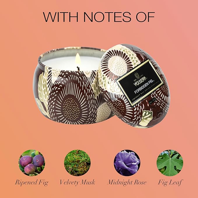 Voluspa Forbidden Fig, Mini Tin Candle, 4 oz, 25 Hour Burn Time, Coconut Wax for Clean Burning, Handcrafted in The USA