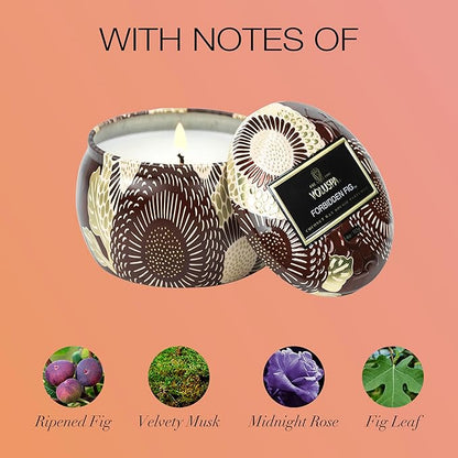 Voluspa Forbidden Fig, Mini Tin Candle, 4 oz, 25 Hour Burn Time, Coconut Wax for Clean Burning, Handcrafted in The USA