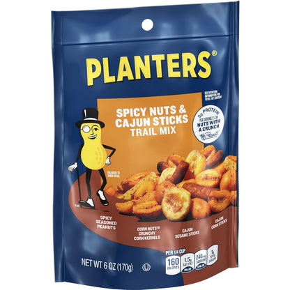 PLANTERS Spicy Nuts & Cajun Sticks Trail Mix- Mixed Nuts Trail Mix Snack Packs, 6 oz Bags (Pack of 12)