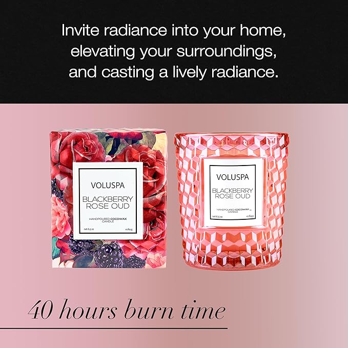 Voluspa BlackBerry Rose Oud, Classic Candle Jar, 6.5 oz, 40 Hour Burn Time, Coconut Wax for Clean Burning, Handcrafted in The USA