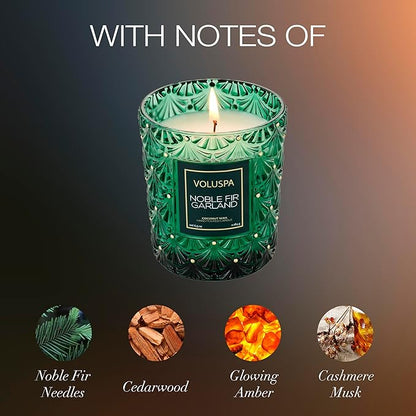 Voluspa Noble Fir Garland Boxed Candle, 6.5 oz, Coconut Wax Blend, Christmas Scented Candles for Home, 40 Hour Burn Time, Handcrafted in The USA
