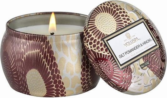 Voluspa Gilt Pomander & Hinoki Candle | Mini Tin | 4 Oz. | 25 Hour Burn Time | Coconut Wax for Clean Burning