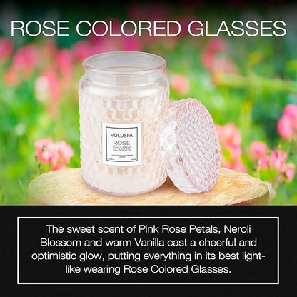 Voluspa Rose Colored Glasses, Large Candle Jar, 18 Ounce, 100 Hour Burn Time, Coconut Wax for Clean Burning, Handcrafted in The USA