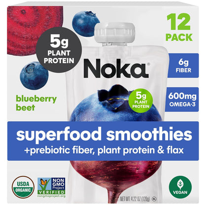 Noka Superfood Fruit Smoothie Pouches, Blueberry Beet, Healthy Snacks with Flax Seed, Prebiotic Fiber and Plant Protein, Vegan and Gluten Free, Organic Fruit & Veggie Squeeze Pouch, 4.22 oz, 12 Count