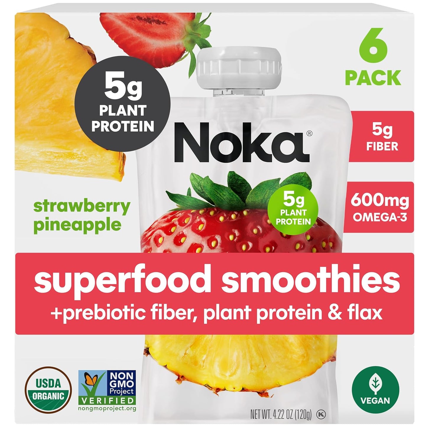 Noka Superfood Fruit Smoothie Pouches, Strawberry Pineapple, Healthy Snacks with Flax Seed, Prebiotic Fiber and Plant Protein, Vegan and Gluten Free, Organic Squeeze Pouch, 4.22 oz, 6 Count