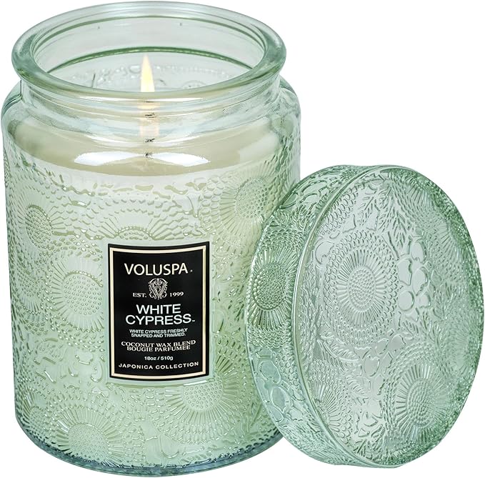 Voluspa White Cypress,Large Candle Jar,18 Ounce,100 Hour Burn Time, & Coconut Wax for Clean Burning,,Handcrafted in the USA
