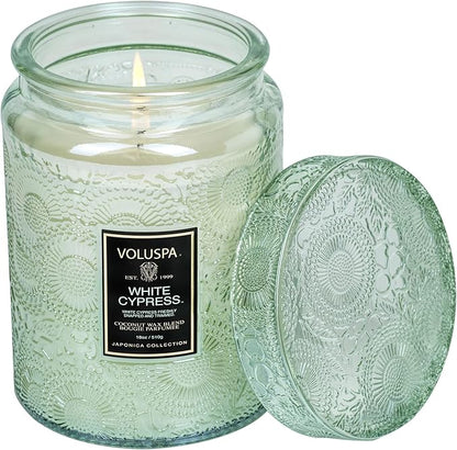 Voluspa White Cypress,Large Candle Jar,18 Ounce,100 Hour Burn Time, & Coconut Wax for Clean Burning,,Handcrafted in the USA