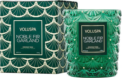 Voluspa Noble Fir Garland Boxed Candle, 6.5 oz, Coconut Wax Blend, Christmas Scented Candles for Home, 40 Hour Burn Time, Handcrafted in The USA