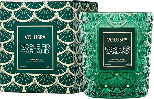 Voluspa Noble Fir Garland Boxed Candle, 6.5 oz, Coconut Wax Blend, Christmas Scented Candles for Home, 40 Hour Burn Time, Handcrafted in The USA