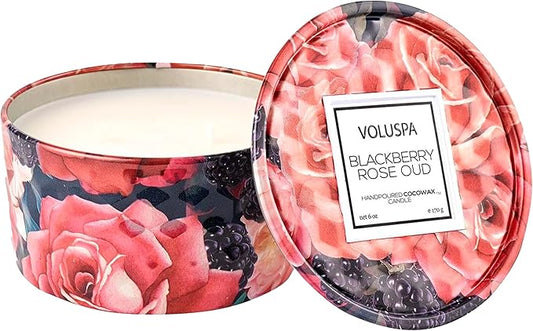 Voluspa BlackBerry Rose Oud, 2 Wick Tin Candle, 8 oz, 25 Hour Burn Time, Coconut Wax for Clean Burning, Handcrafted in The USA