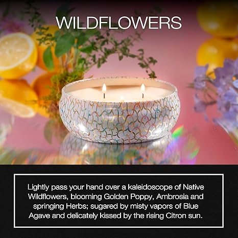 Voluspa Wildflowers, 3 Wick Tin Candle, 12 Ounce, 40 Hour Burn Time, Coconut Wax for Clean Burning, Handcrafted in The USA
