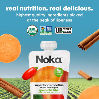 Noka Superfood Fruit Smoothie Pouches, Sweet Potato Goji, Healthy Snacks with Flax Seed, Plant Protein and Prebiotic Fiber, Vegan and Gluten Free Snacks, Organic Squeeze Pouch, 4.22 oz, 6 Co