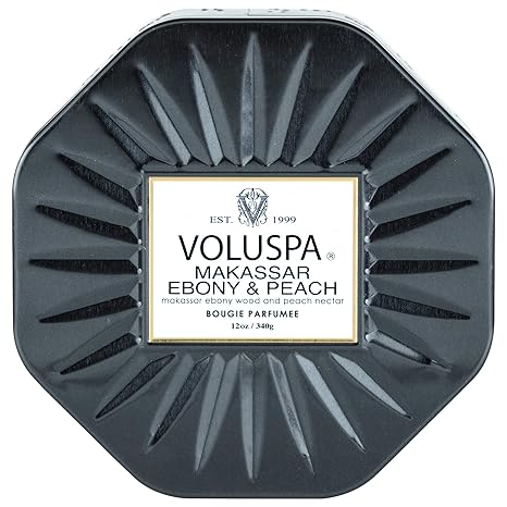 Voluspa Makassar Ebony & Peach Candle | 3 Wick Tin |Coconut Wax for Clean Burning | 12 Oz.