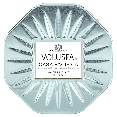 Voluspa Casa Pacifica, 3 Wick Tin Candle, 12 Ounces, 40 Hour Burn Time, Coconut Wax for Clean Burning, Handcrafted in The USA