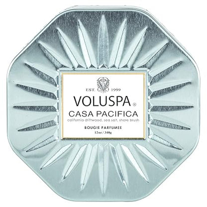 Voluspa Casa Pacifica, 3 Wick Tin Candle, 12 Ounces, 40 Hour Burn Time, Coconut Wax for Clean Burning, Handcrafted in The USA