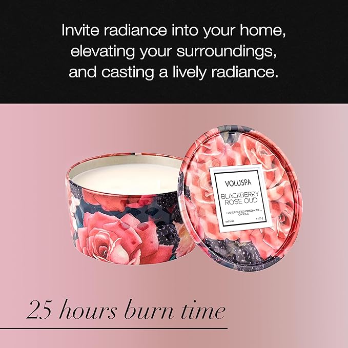 Voluspa BlackBerry Rose Oud, 2 Wick Tin Candle, 8 oz, 25 Hour Burn Time, Coconut Wax for Clean Burning, Handcrafted in The USA
