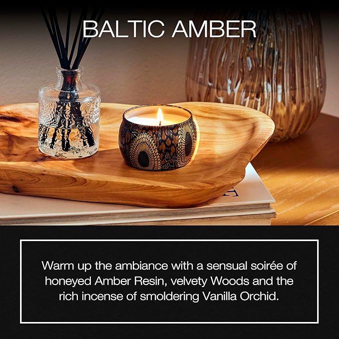 Voluspa Baltic Amber Candle | Mini Tin | 4 Oz. | 25 Hour Burn Time | Coconut Wax for a Cleaner Burn
