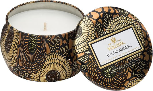 Voluspa Baltic Amber Candle | Mini Tin | 4 Oz. | 25 Hour Burn Time | Coconut Wax for a Cleaner Burn