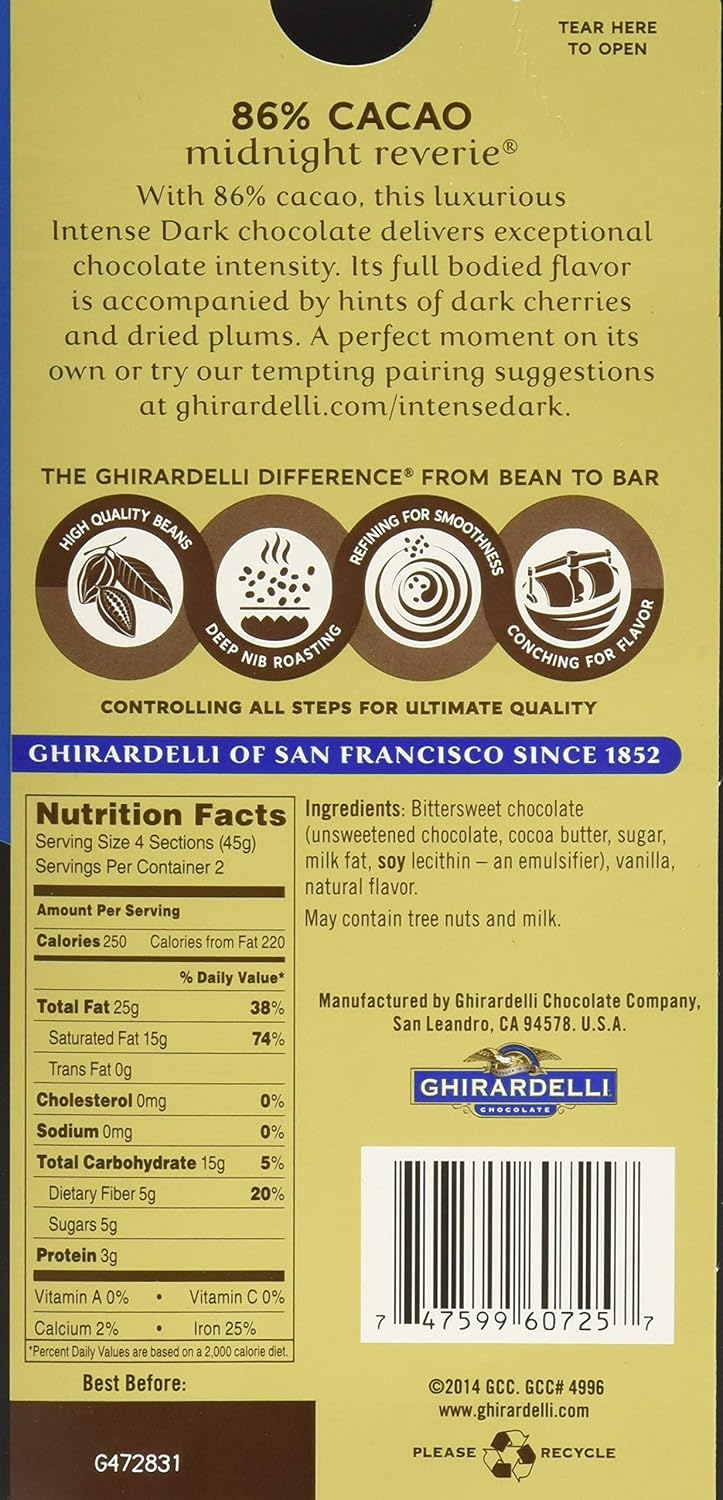Ghirardelli Chocolate Intense Dark 86% Midnight Reverie Dark chocolate pack of 12
