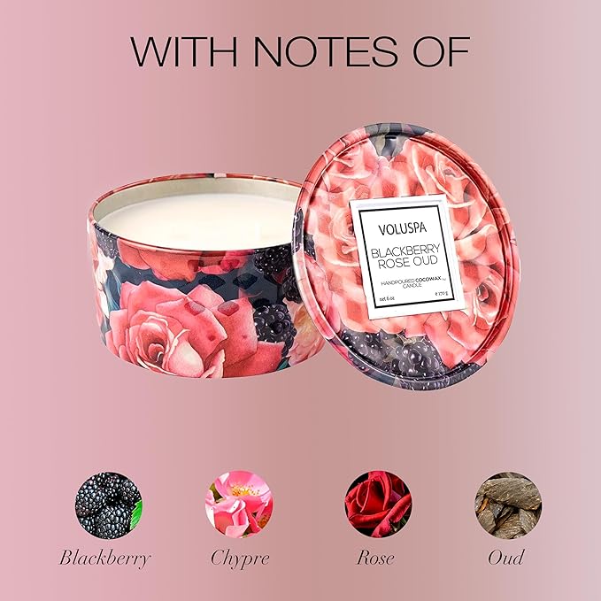 Voluspa BlackBerry Rose Oud, 2 Wick Tin Candle, 8 oz, 25 Hour Burn Time, Coconut Wax for Clean Burning, Handcrafted in The USA