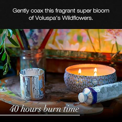Voluspa Wildflowers, 3 Wick Tin Candle, 12 Ounce, 40 Hour Burn Time, Coconut Wax for Clean Burning, Handcrafted in The USA