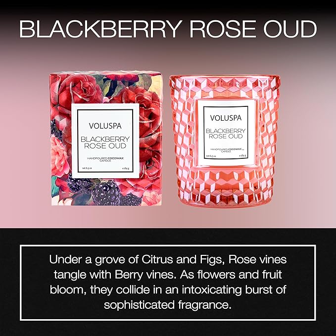 Voluspa BlackBerry Rose Oud, Classic Candle Jar, 6.5 oz, 40 Hour Burn Time, Coconut Wax for Clean Burning, Handcrafted in The USA