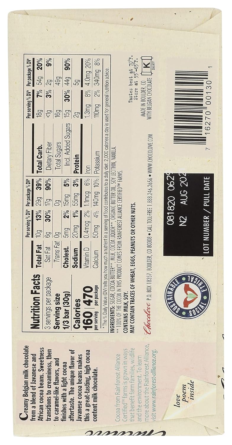 Chocolove Pure Milk Chocolate Bar, 3.2 oz