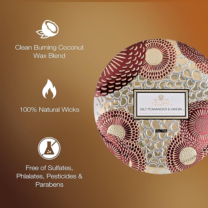 Voluspa Gilt Pomander Hinoki, 3 Wick Tin Candle, 12 Ounces, 40 Hour Burn Time, Coconut Wax for Clean Burning, Handcrafted in The USA