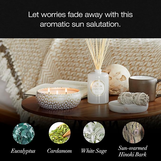 Voluspa Eucalyptus & White Sage, 3 Wick Tin Candle, 12 oz, 40 Hour Burn Time, Coconut Wax for Clean Burning, Handcrafted in the USA