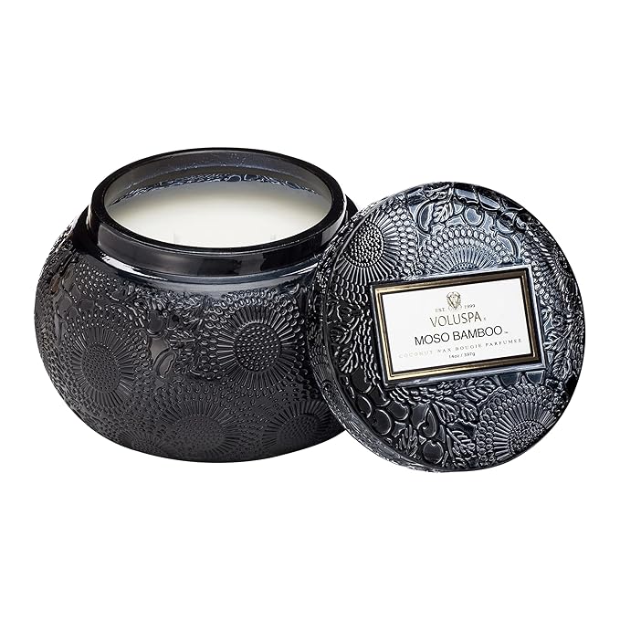 Voluspa Moso Bamboo, Glass Chawan Bowl Candle, 14 ounce, 50 Hour Burn Time, Coconut Wax for Clean Burning, Handcrafted in the USA