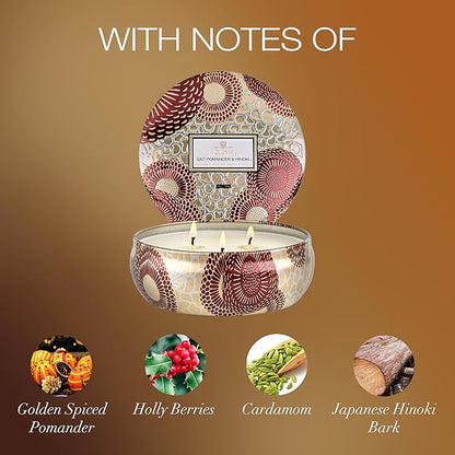 Voluspa Gilt Pomander Hinoki, 3 Wick Tin Candle, 12 Ounces, 40 Hour Burn Time, Coconut Wax for Clean Burning, Handcrafted in The USA