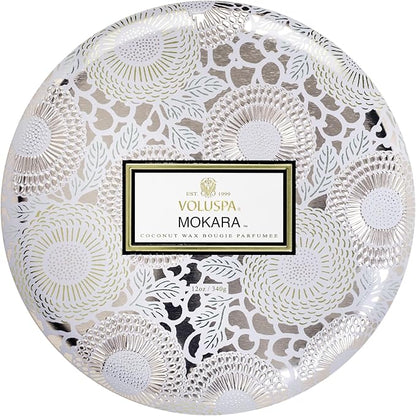 Voluspa Mokara Three Wick Round Tin Candle - Coconut Wax Bougie Parfumee 12 oz.