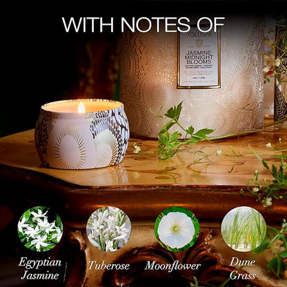 Voluspa Jasmine Midnight Blooms, Mini Tin Candle, 4 oz, 25 Hour Burn Time, Coconut Wax Candle for The Home, Handcrafted in The USA