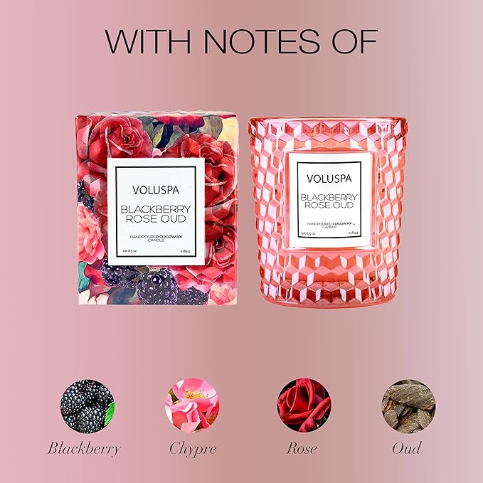 Voluspa BlackBerry Rose Oud, Classic Candle Jar, 6.5 oz, 40 Hour Burn Time, Coconut Wax for Clean Burning, Handcrafted in The USA