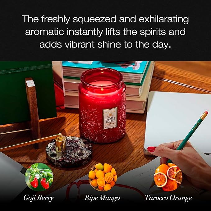 Voluspa Goji Tarocco Orange, Large Candle Jar, 18 oz, 100 Hour Burn Time, All Natural Wicks and Coconut Wax for Clean Burning, Vegan, Poured in the USA