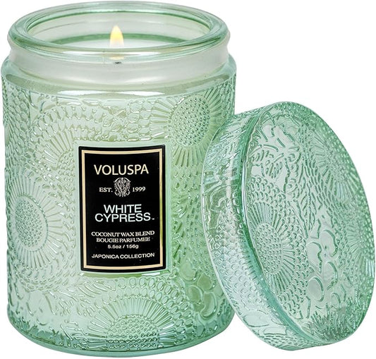 Voluspa White Cypress,Small Candle Jar, 5.5 Ounce,50 Hour Burn Time, & Coconut Wax for Clean Burning,,Handcrafted in the USA