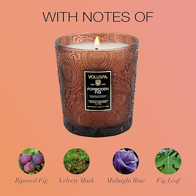 Voluspa Forbidden Fig, Classic Boxed Candle, 9 oz, 60 Hour Burn Time, Coconut Wax for Clean Burning, Handcrafted in The USA