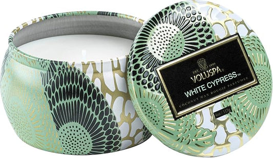 Voluspa White Cypress Candle | Mini Tin | 4 Oz. | 25 Hour Burn Time | | Coconut Wax for a Cleaner Burn