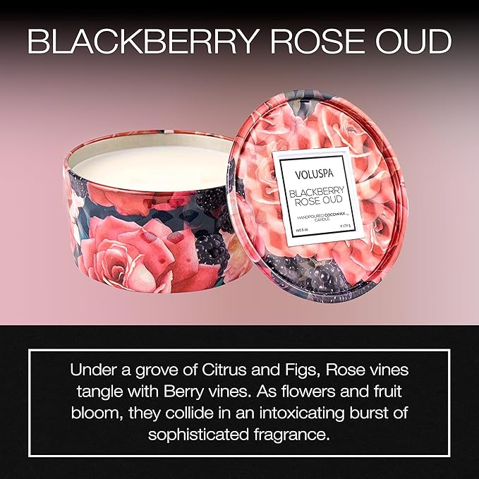 Voluspa BlackBerry Rose Oud, 2 Wick Tin Candle, 8 oz, 25 Hour Burn Time, Coconut Wax for Clean Burning, Handcrafted in The USA
