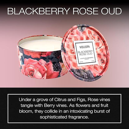 Voluspa BlackBerry Rose Oud, 2 Wick Tin Candle, 8 oz, 25 Hour Burn Time, Coconut Wax for Clean Burning, Handcrafted in The USA