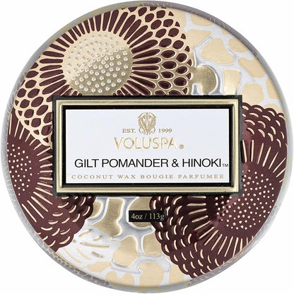Voluspa Gilt Pomander & Hinoki Candle | Mini Tin | 4 Oz. | 25 Hour Burn Time | Coconut Wax for Clean Burning