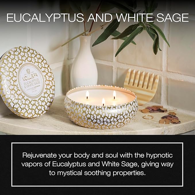 Voluspa Eucalyptus & White Sage, 3 Wick Tin Candle, 12 oz, 40 Hour Burn Time, Coconut Wax for Clean Burning, Handcrafted in the USA
