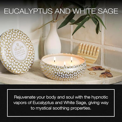 Voluspa Eucalyptus & White Sage, 3 Wick Tin Candle, 12 oz, 40 Hour Burn Time, Coconut Wax for Clean Burning, Handcrafted in the USA