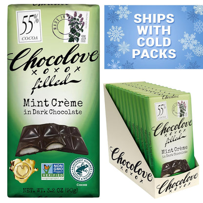 Chocolove Mint Crème Bars | 55% Cocoa | Infused with Dairy Free Peppermint Creme in Creamy Dark Chocolate | Non GMO, Rainforest Alliance Certified, 3.2oz Bar (10 Pack)