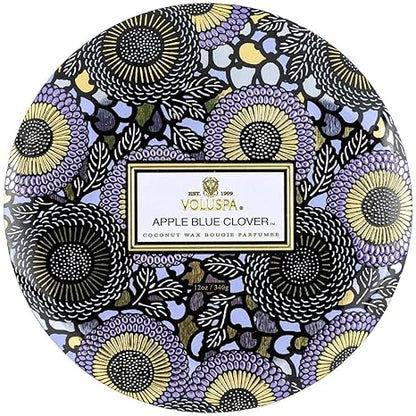 Voluspa Apple Blue Clover Candle | 3 Wick Tin | 12 Oz. | Coconut Wax for Clean Burning