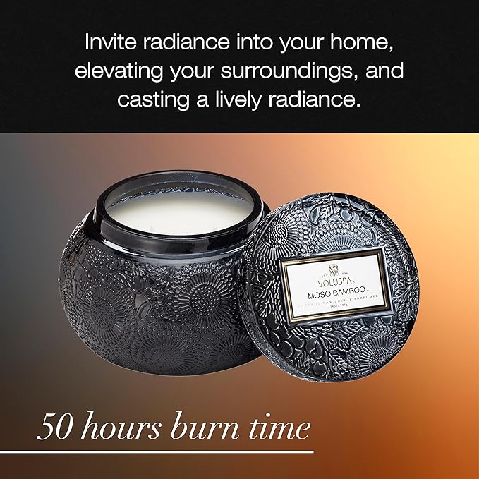 Voluspa Moso Bamboo, Glass Chawan Bowl Candle, 14 ounce, 50 Hour Burn Time, Coconut Wax for Clean Burning, Handcrafted in the USA