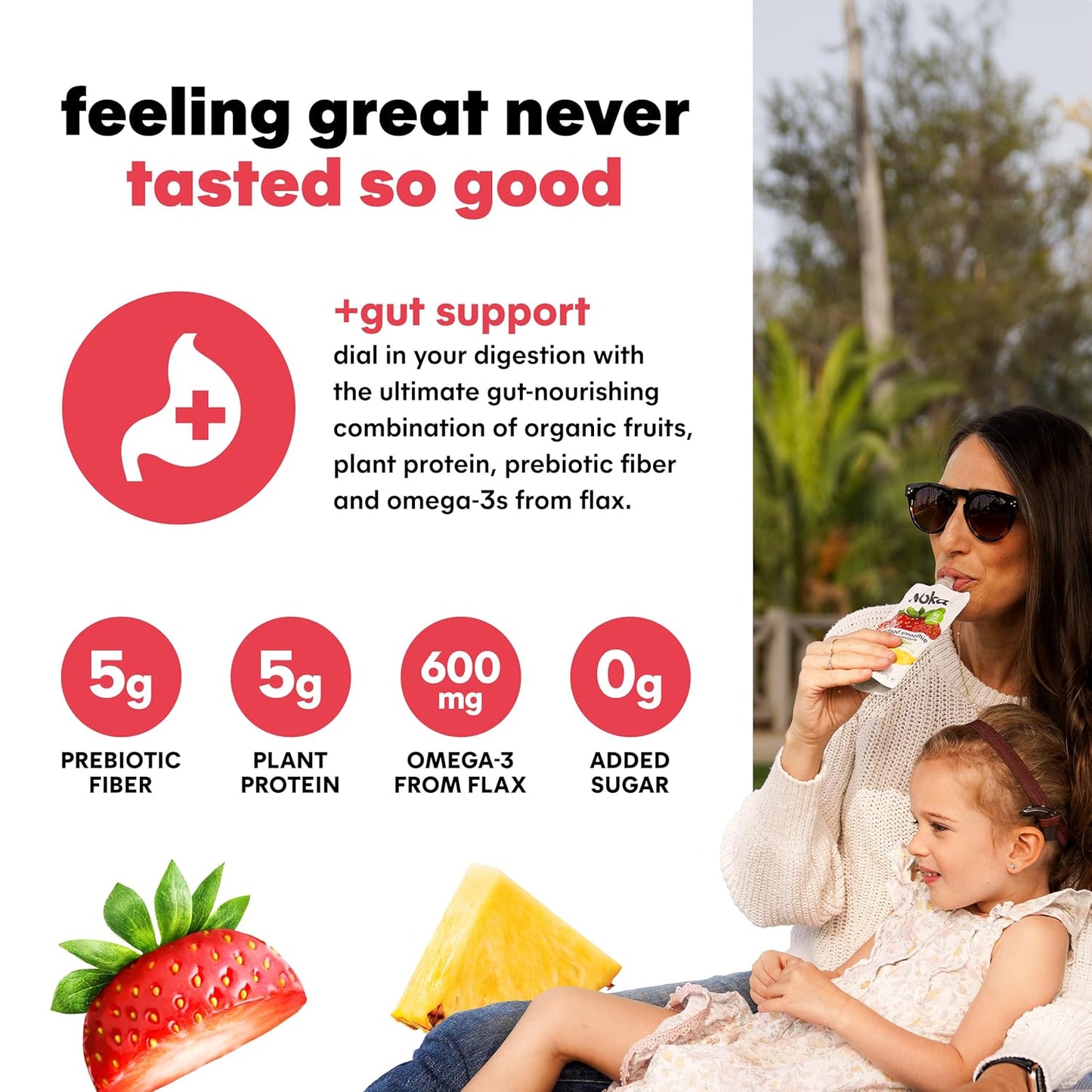 Noka Superfood Fruit Smoothie Pouches, Strawberry Pineapple, Healthy Snacks with Flax Seed, Prebiotic Fiber and Plant Protein, Vegan and Gluten Free, Organic Squeeze Pouch, 4.22 oz, 6 Count