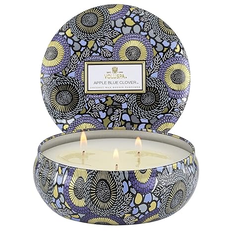 Voluspa Apple Blue Clover Candle | 3 Wick Tin | 12 Oz. | Coconut Wax for Clean Burning