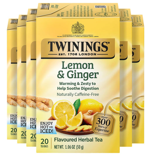 Twinnings Of London Herbal Tea Lemon & Ginger 20 Individual Tea Bags 1.06OZ Pack of 6